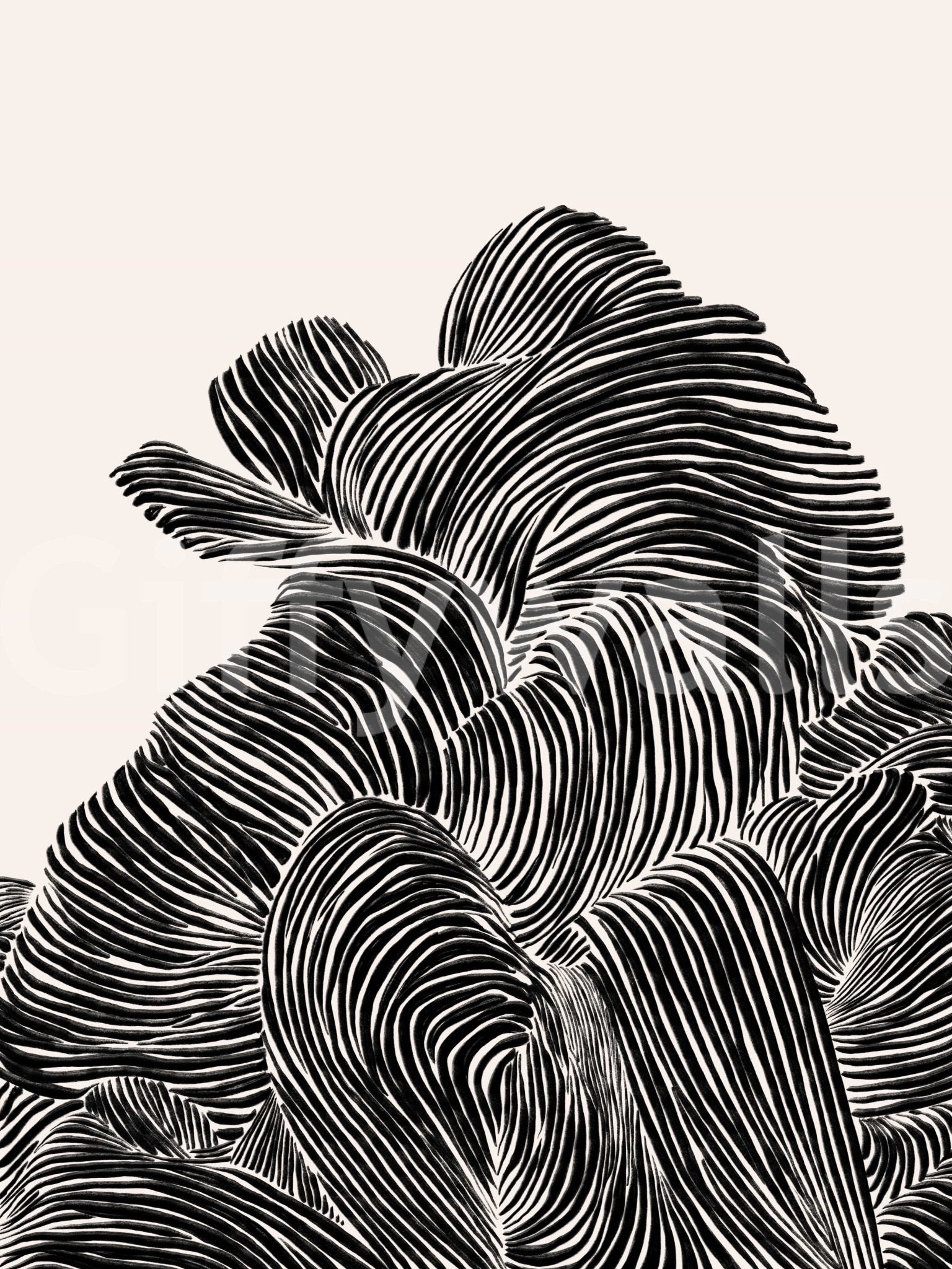 Linear wall mural with flowing black contour bands on a soft neutral background