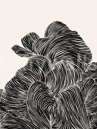 Linear wall mural with flowing black contour bands on a soft neutral background