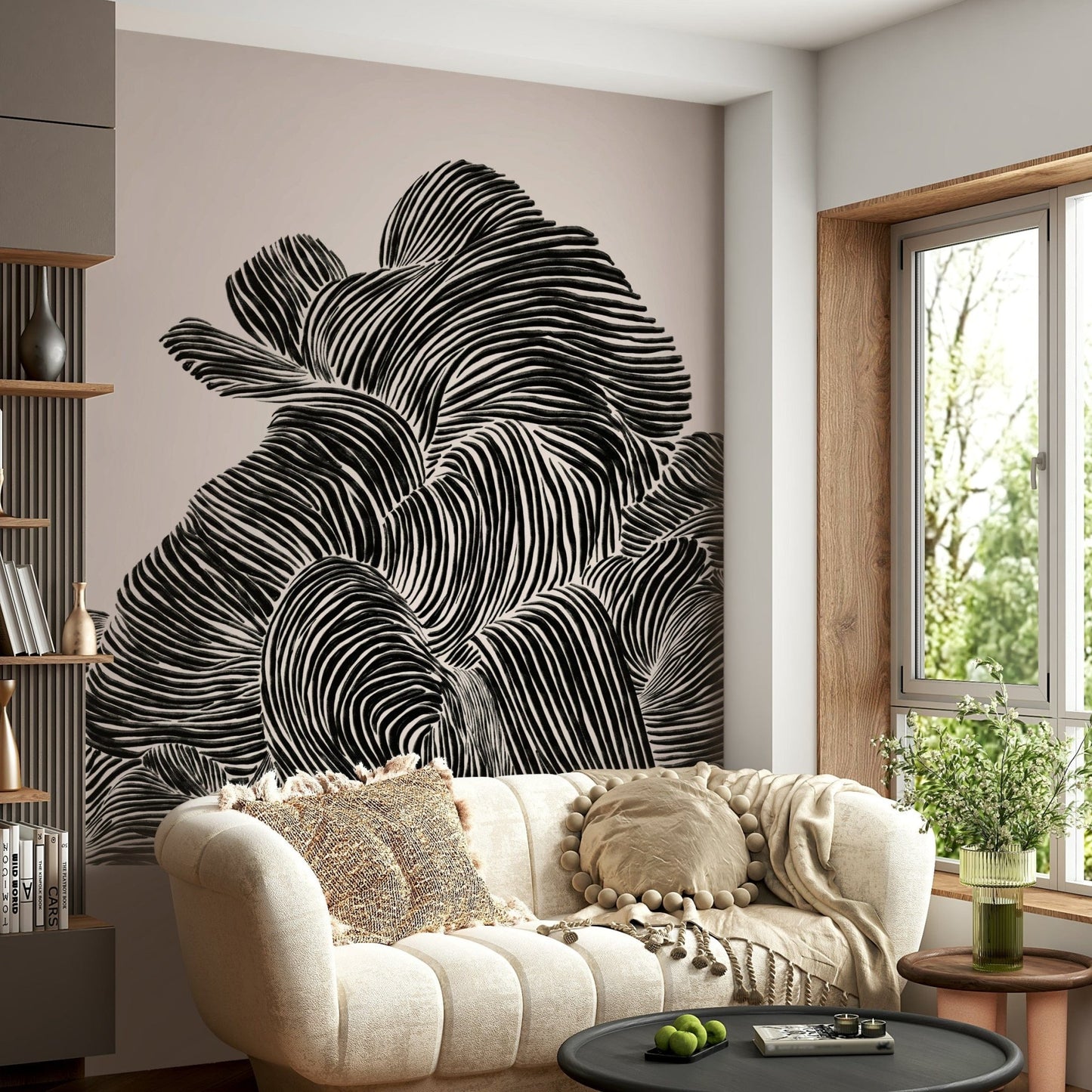 Living room finished with Linear wall mural and layered black contour movement