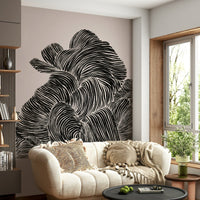 Living room finished with Linear wall mural and layered black contour movement