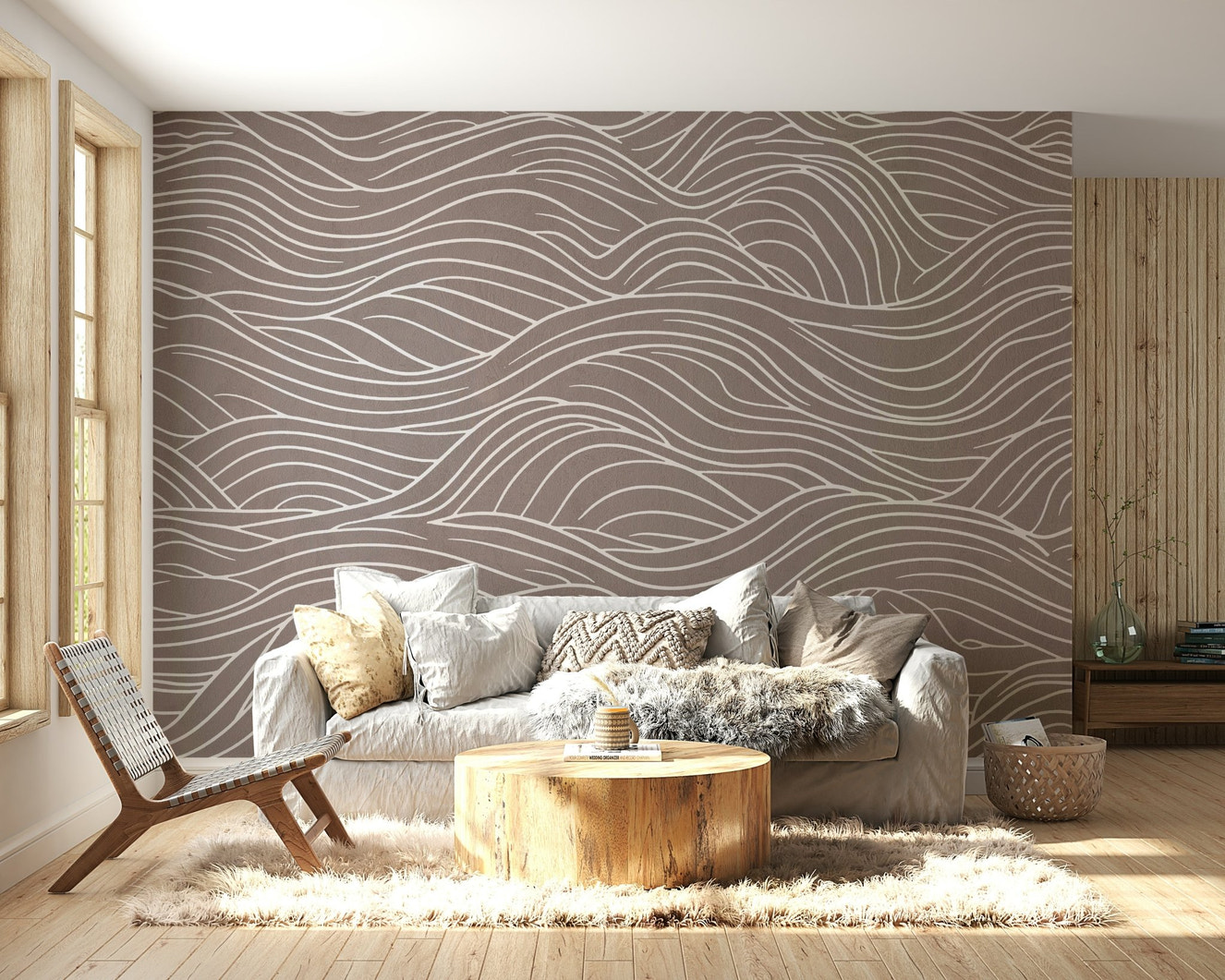 A peaceful wall mural with an elegant, flowing design.

