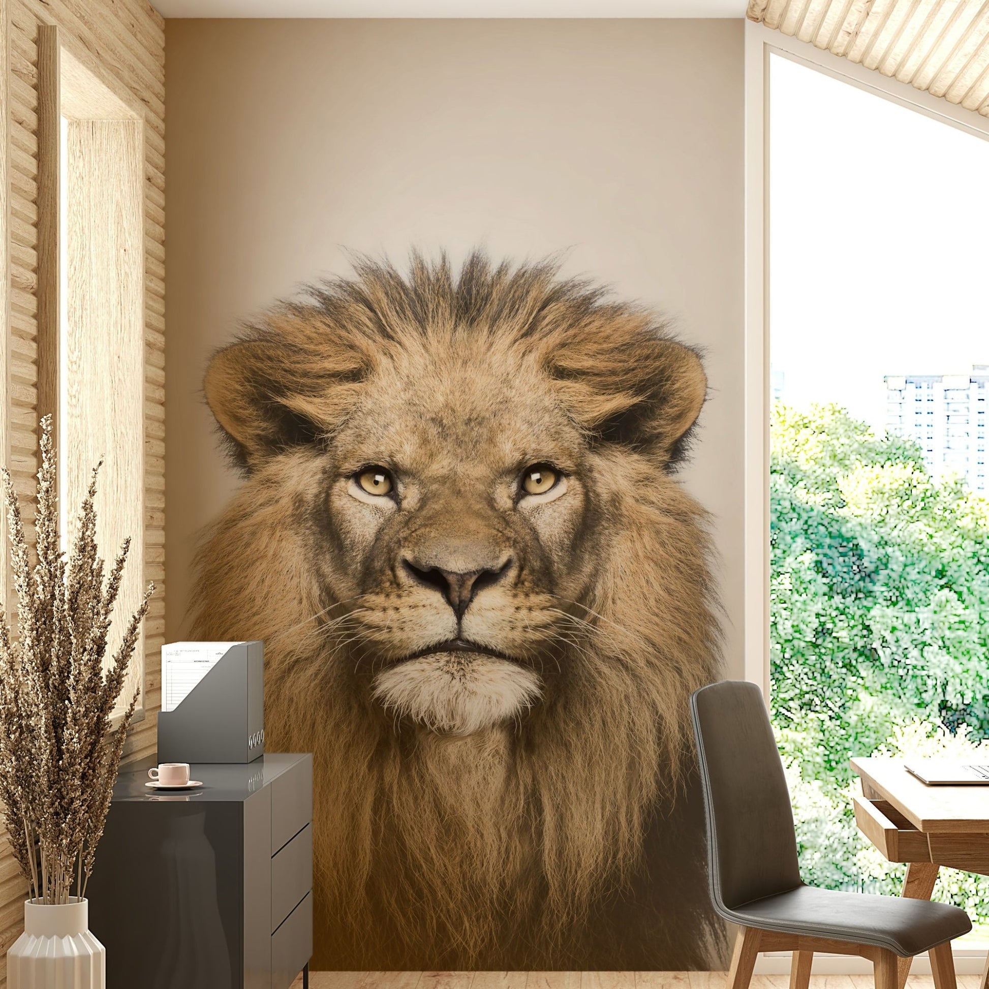 Wild lion with golden brown mane

