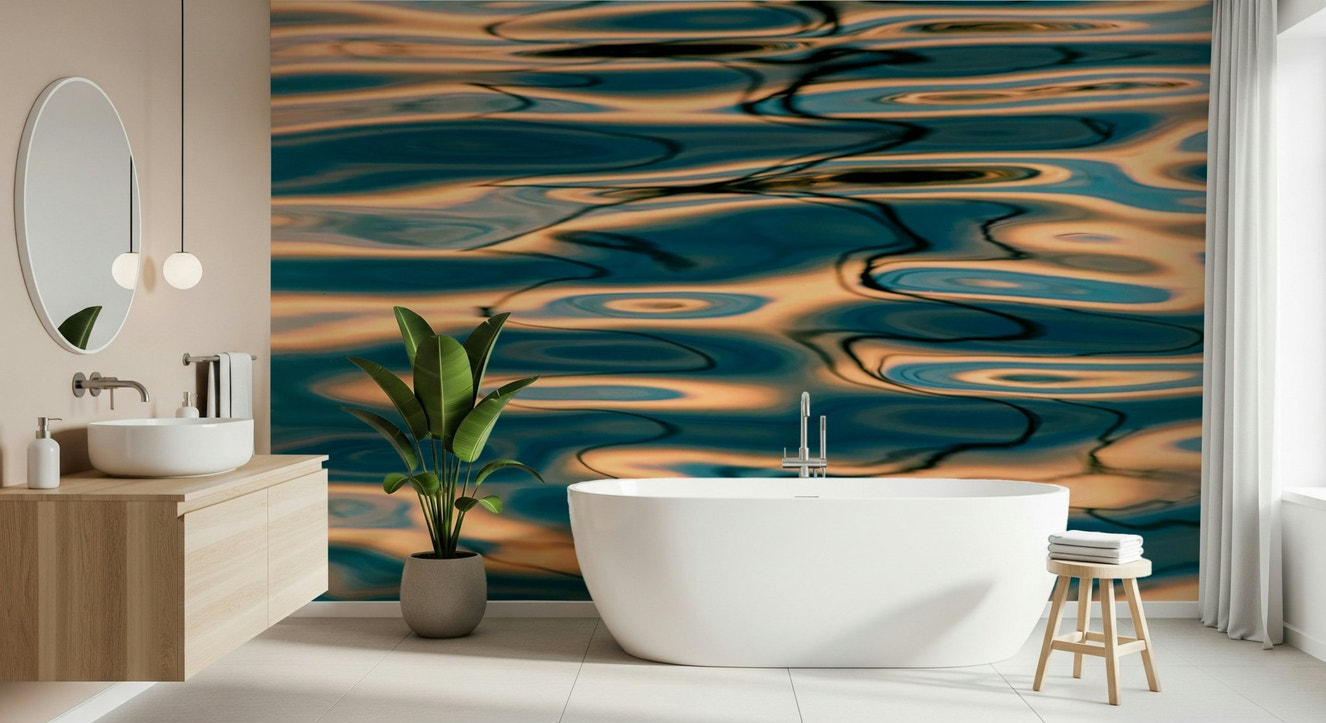 A beautiful abstract art wallpaper mural with liquid gold and azure blue reflections.