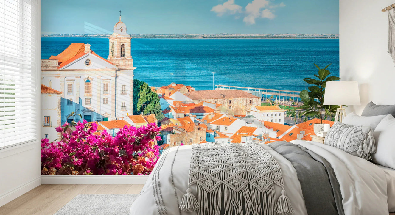 Lisbon View Wall Mural in a minimalist living room setting