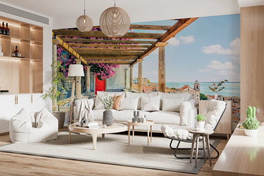 Living room with Lisbon Vista Bloom Wall Mural and terrace sea view