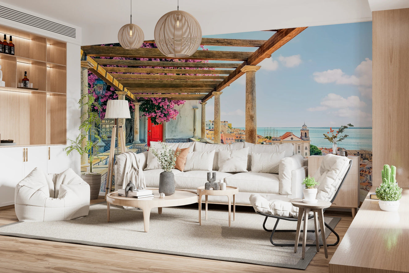 Living room with Lisbon Vista Bloom Wall Mural and terrace sea view