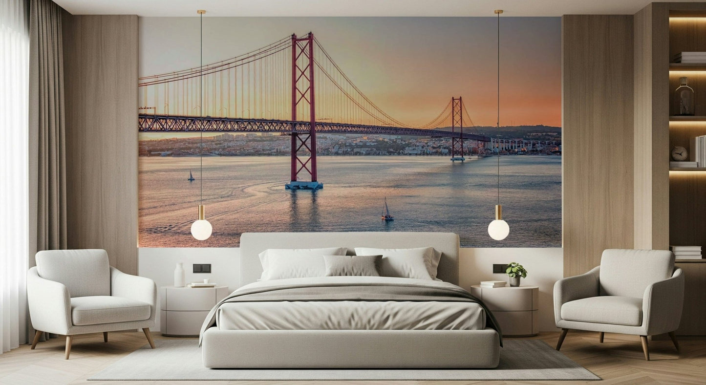 Warm yellow and white street scene for a home office feature wall.