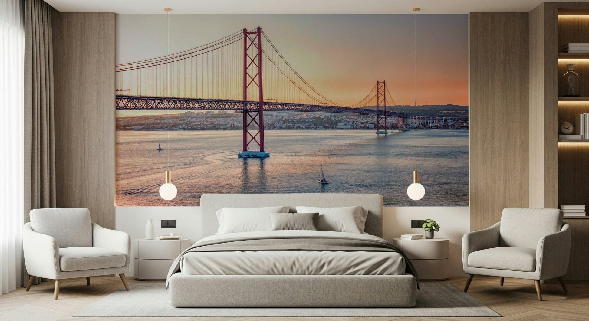Warm yellow and white street scene for a home office feature wall.