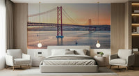 Warm yellow and white street scene for a home office feature wall.