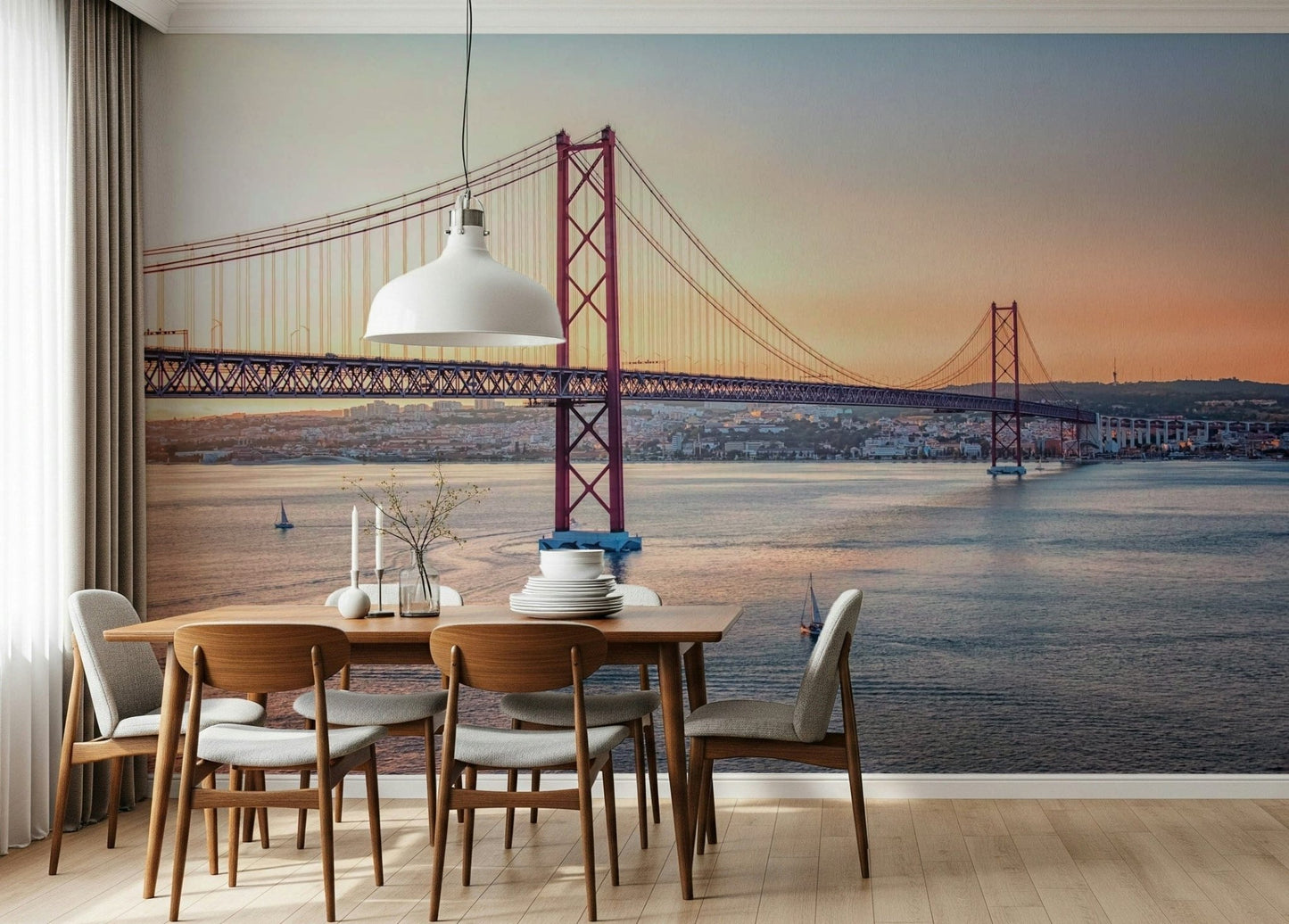 Coastal city landscape wall décor for a bright dining area in a flat.