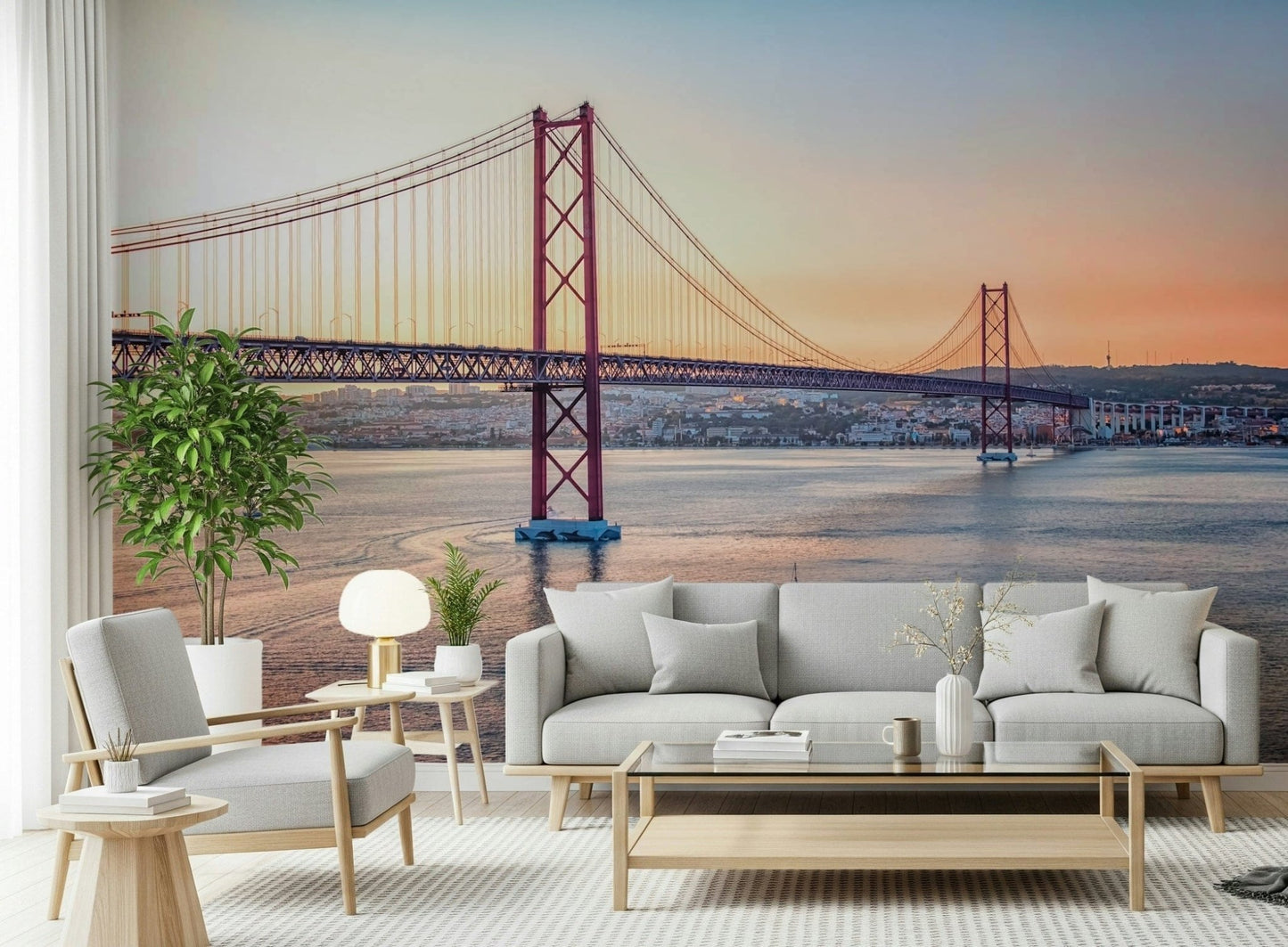 Pastel building facade mural for a guest room in a contemporary apartment.