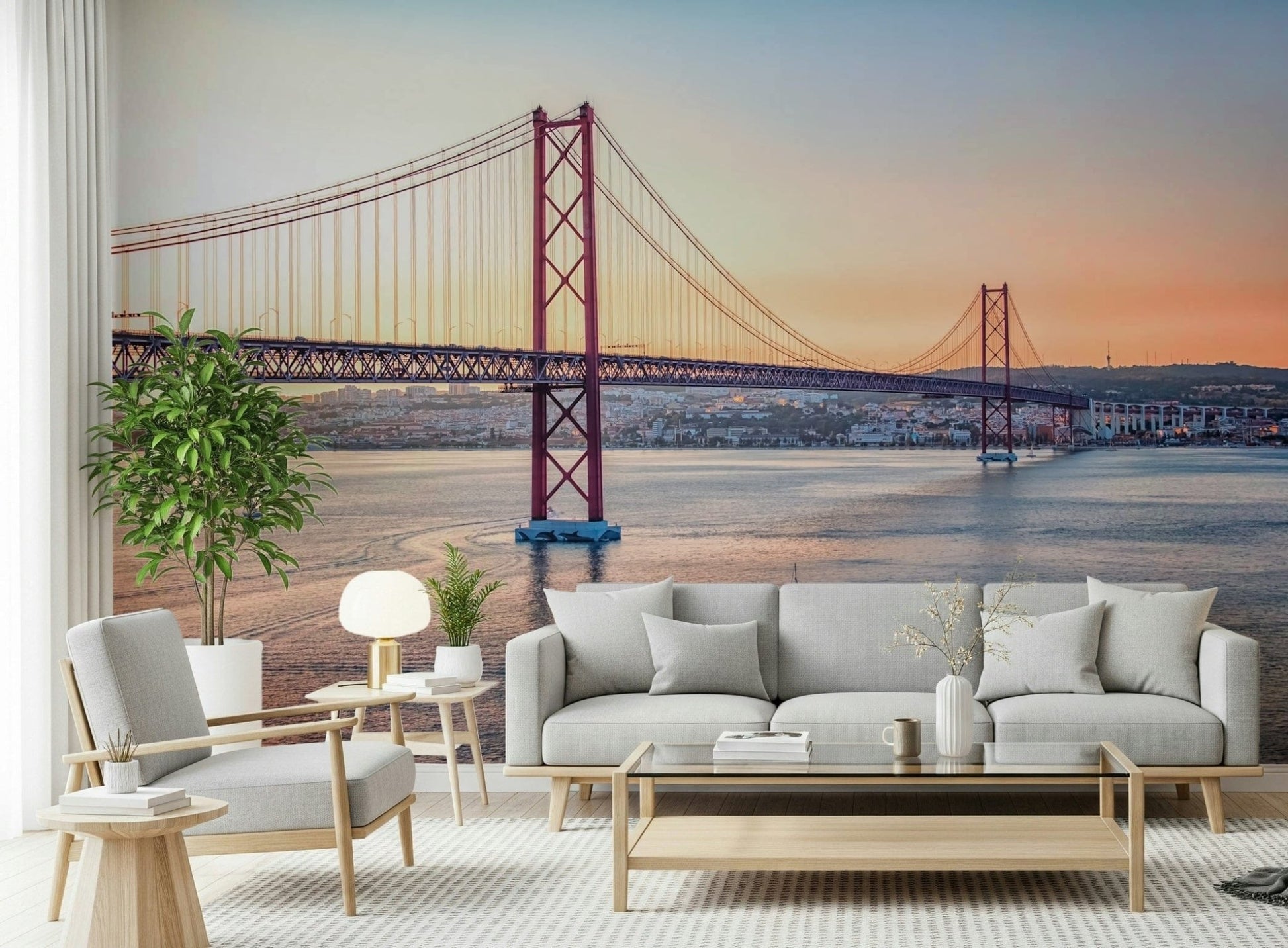 Pastel building facade mural for a guest room in a contemporary apartment.