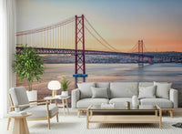 Pastel building facade mural for a guest room in a contemporary apartment.