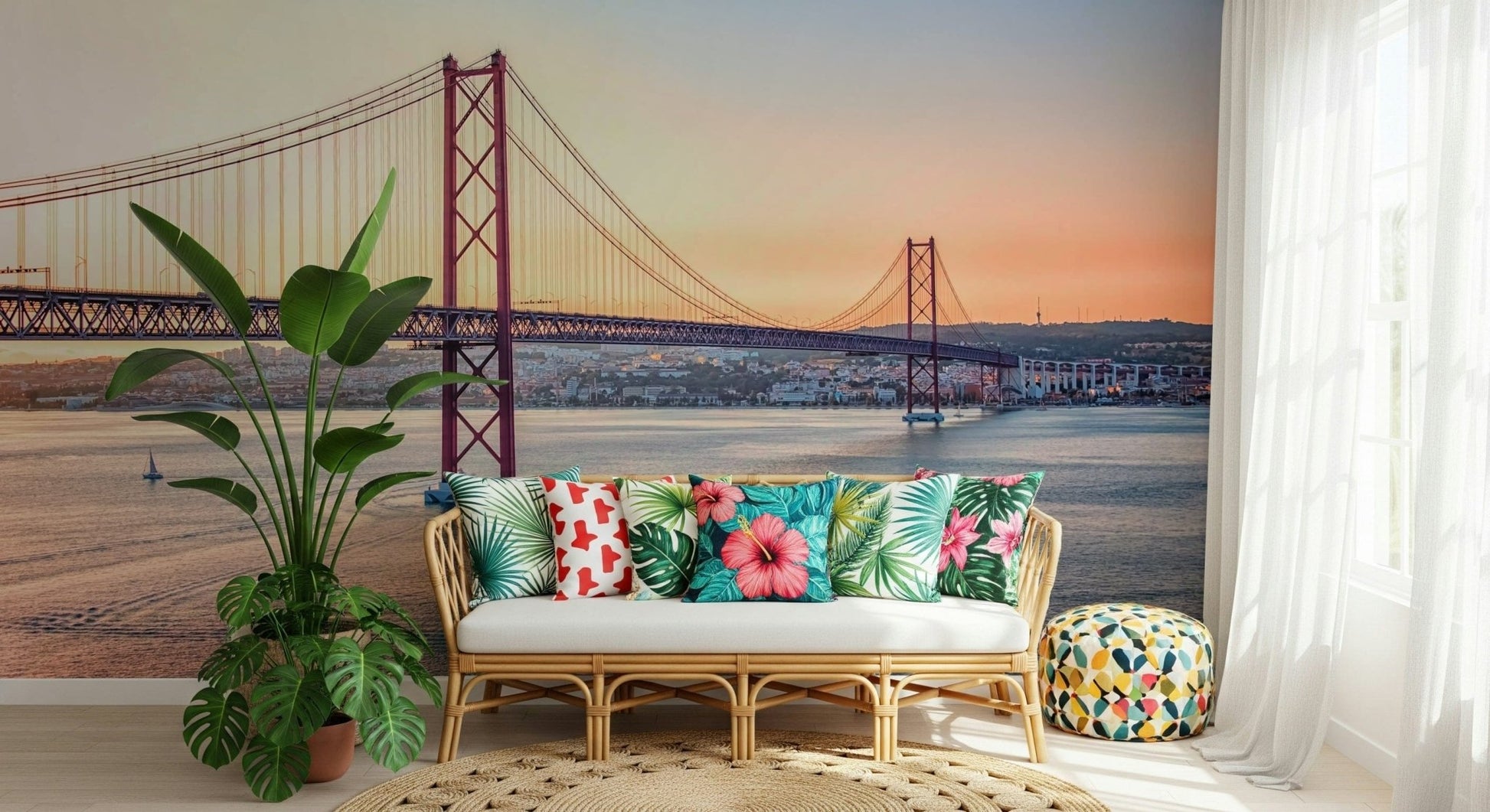 Sun-drenched architectural mural in a modern living room with tiled floors.