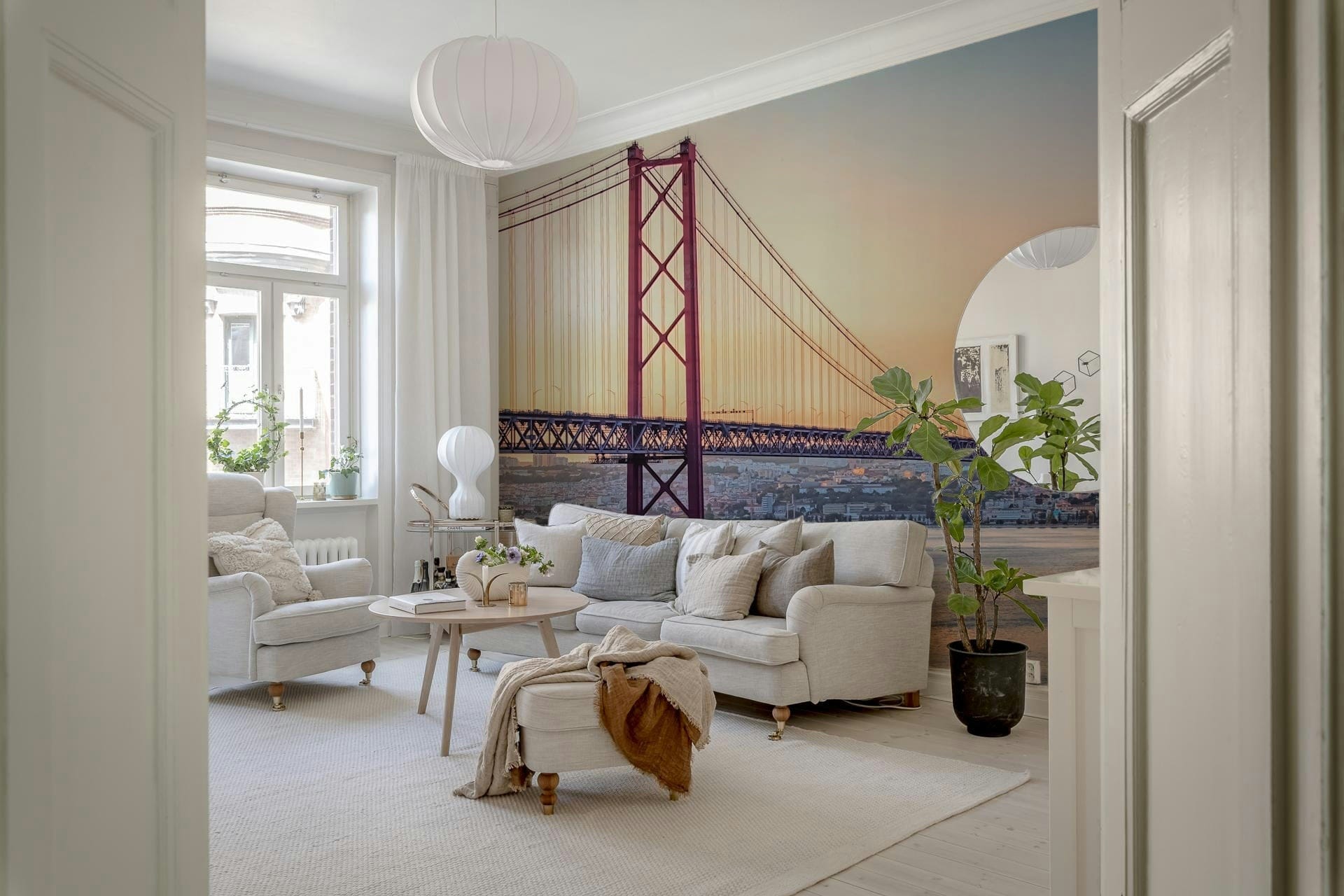 Bright city horizon pattern for an entryway focal wall in a villa.