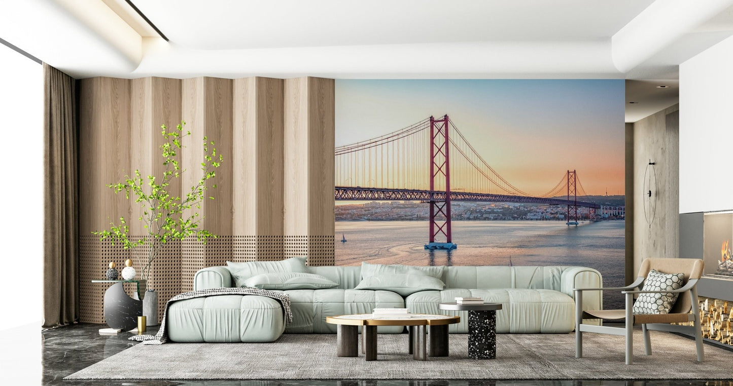 Lisbon's Light Wall Mural in a minimalist bedroom with neutral linens.