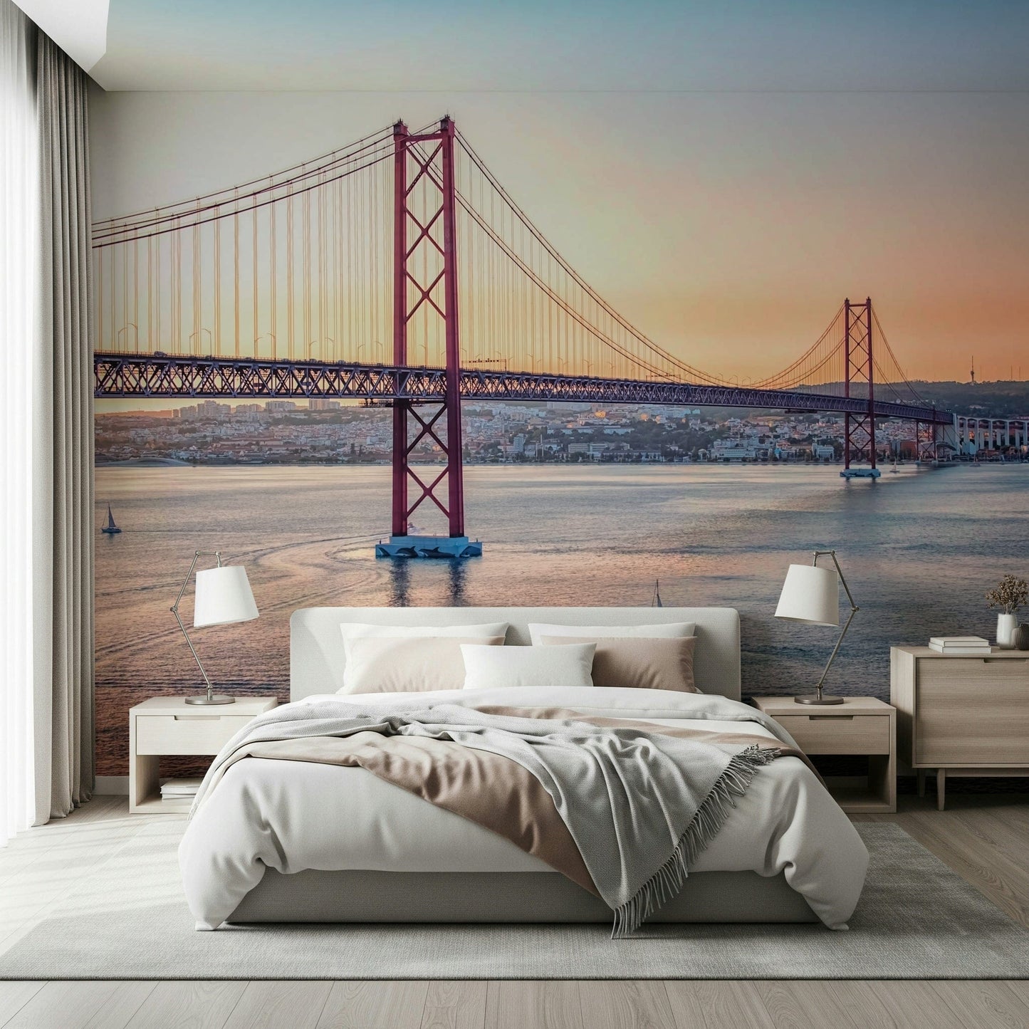 Lisbon's Light Wall Mural as a backdrop for a reading chair in a lounge.