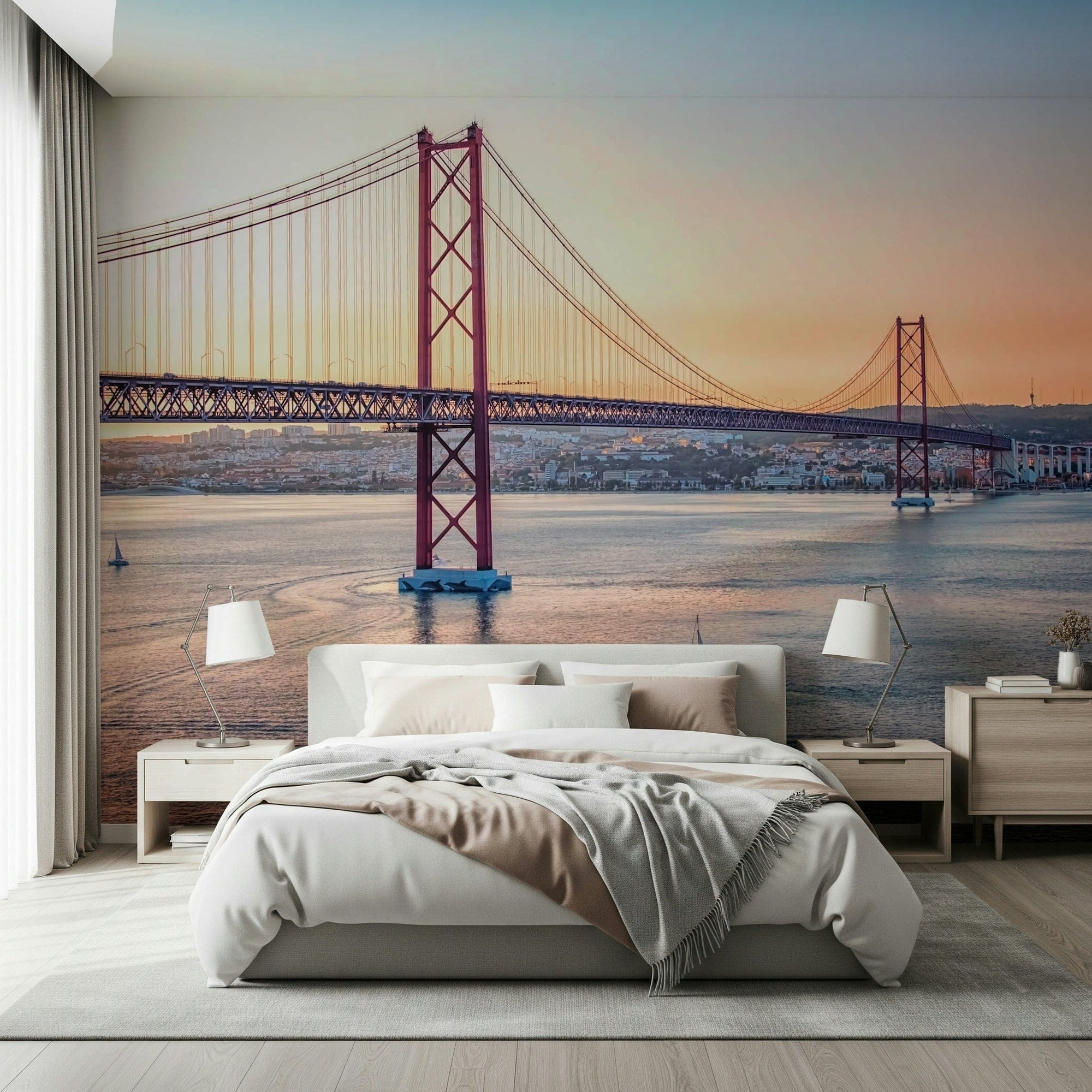 Lisbon's Light Wall Mural as a backdrop for a reading chair in a lounge., GD7313