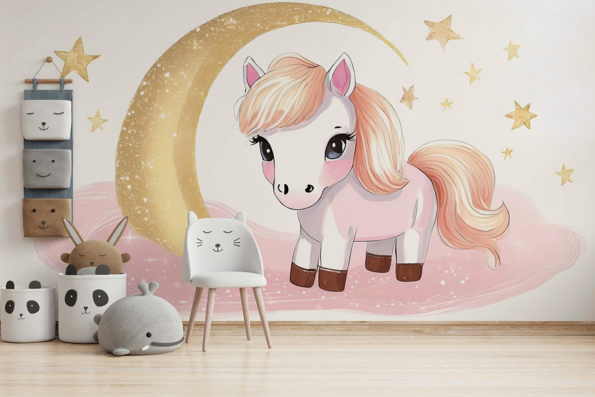 Pastel-colored pony mural for calming kids’ decor

