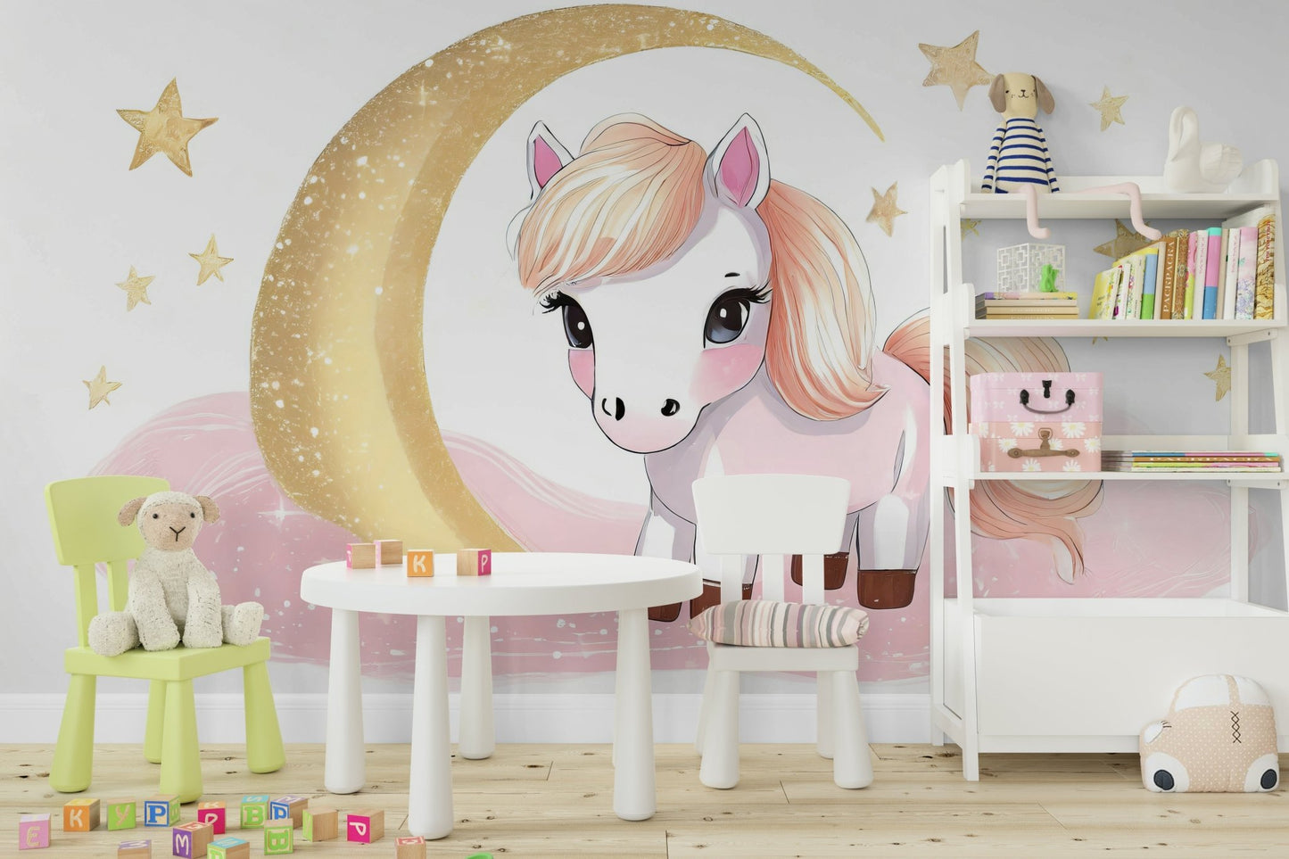 Soft pastel pony mural for nurseries and kids' rooms

