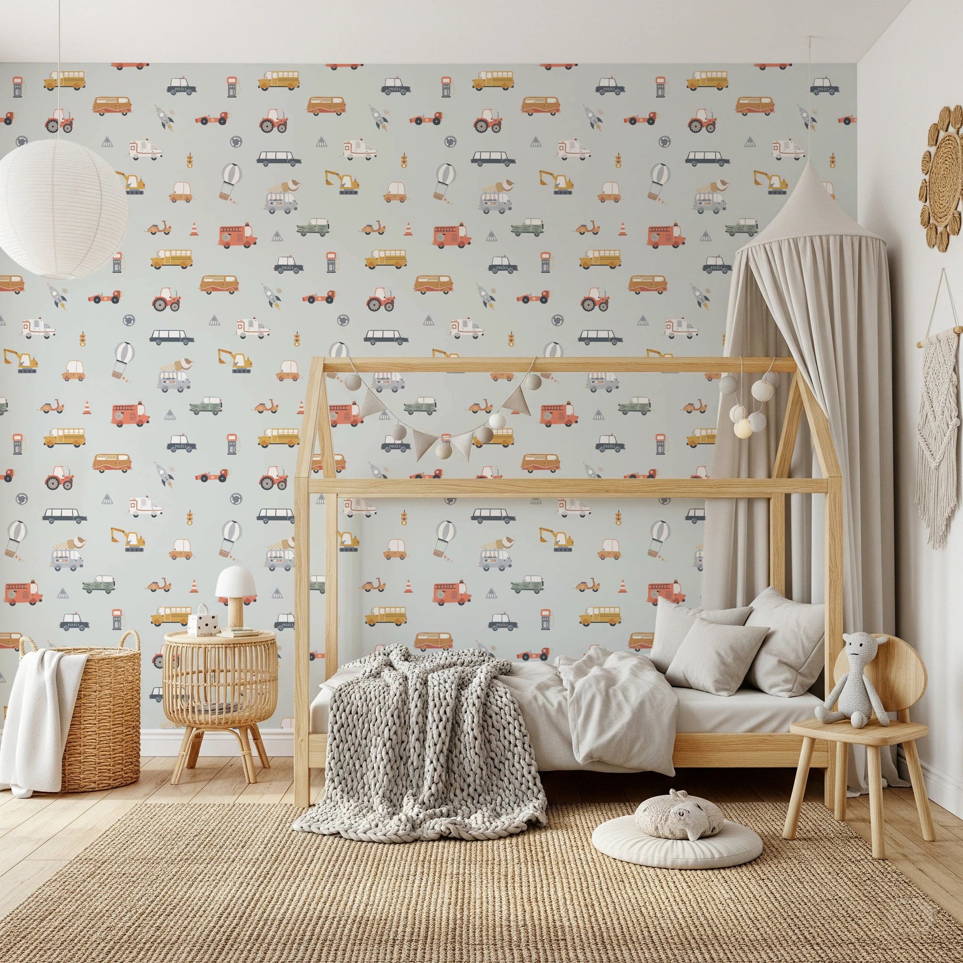 Little Transports blue nursery room wallpaper