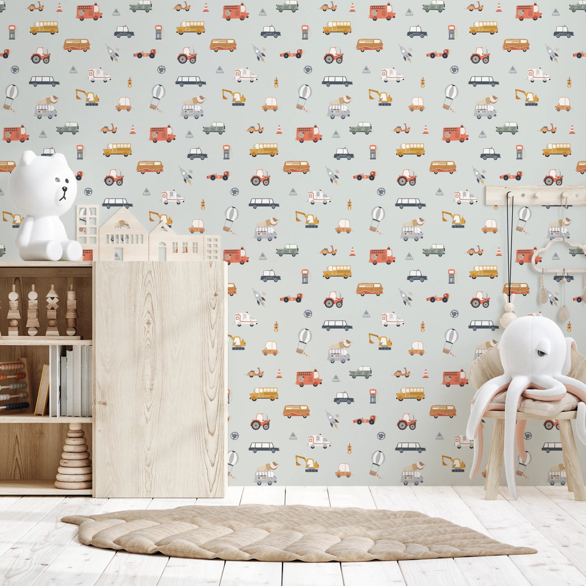 Kids room wallpaper with trucks and tractors
