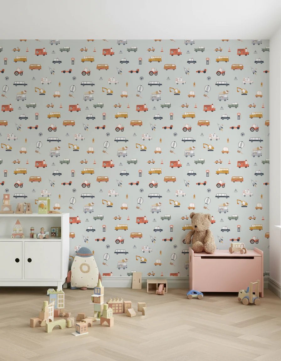 Playful vehicle wallpaper for nursery walls