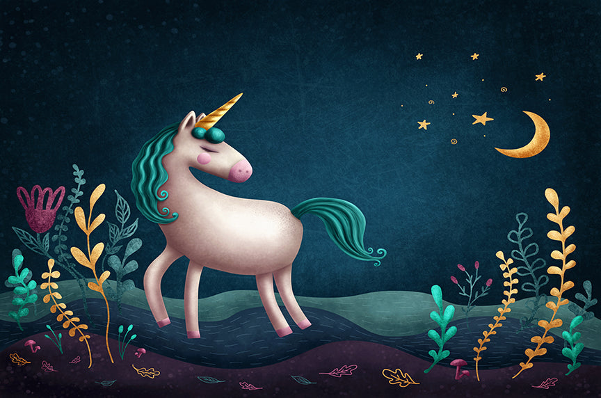 Blue & Green Night Unicorn Kids Nursery Wallpaper Mural