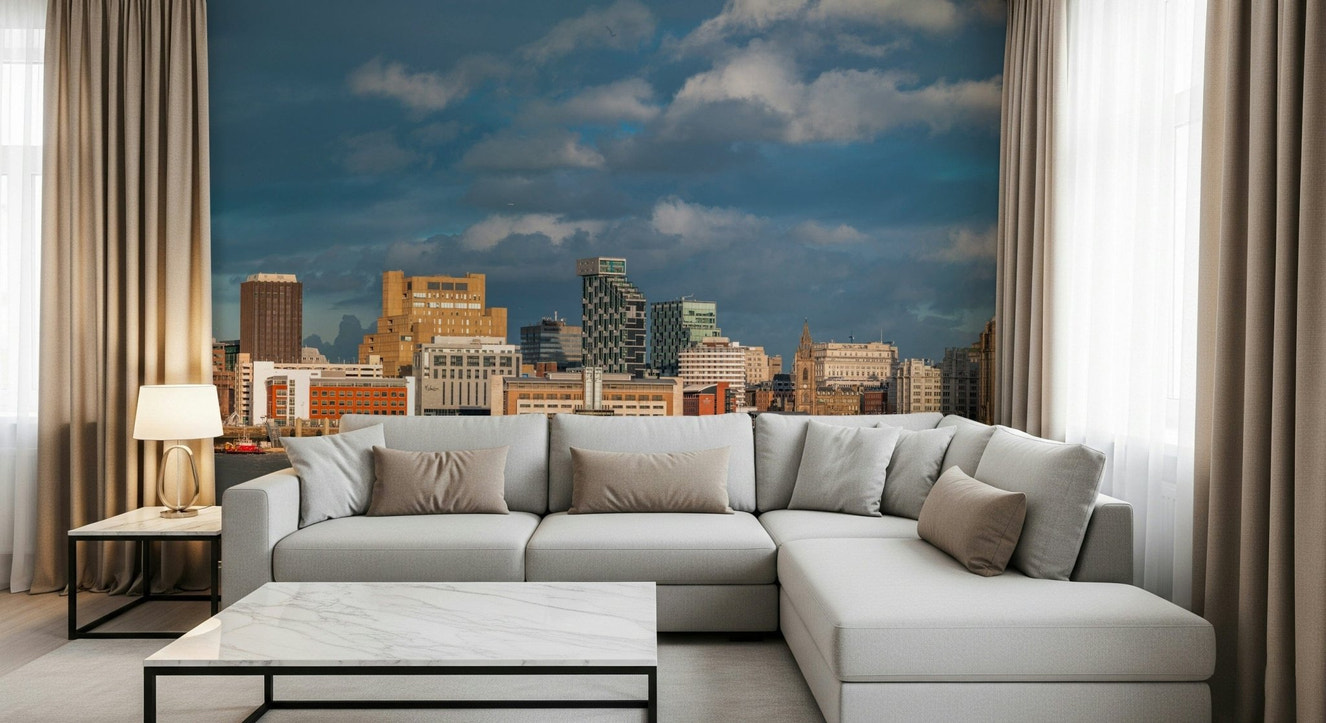 Liverpool's Skyline Vista Wall Mural in a modern urban living room wallpaper.