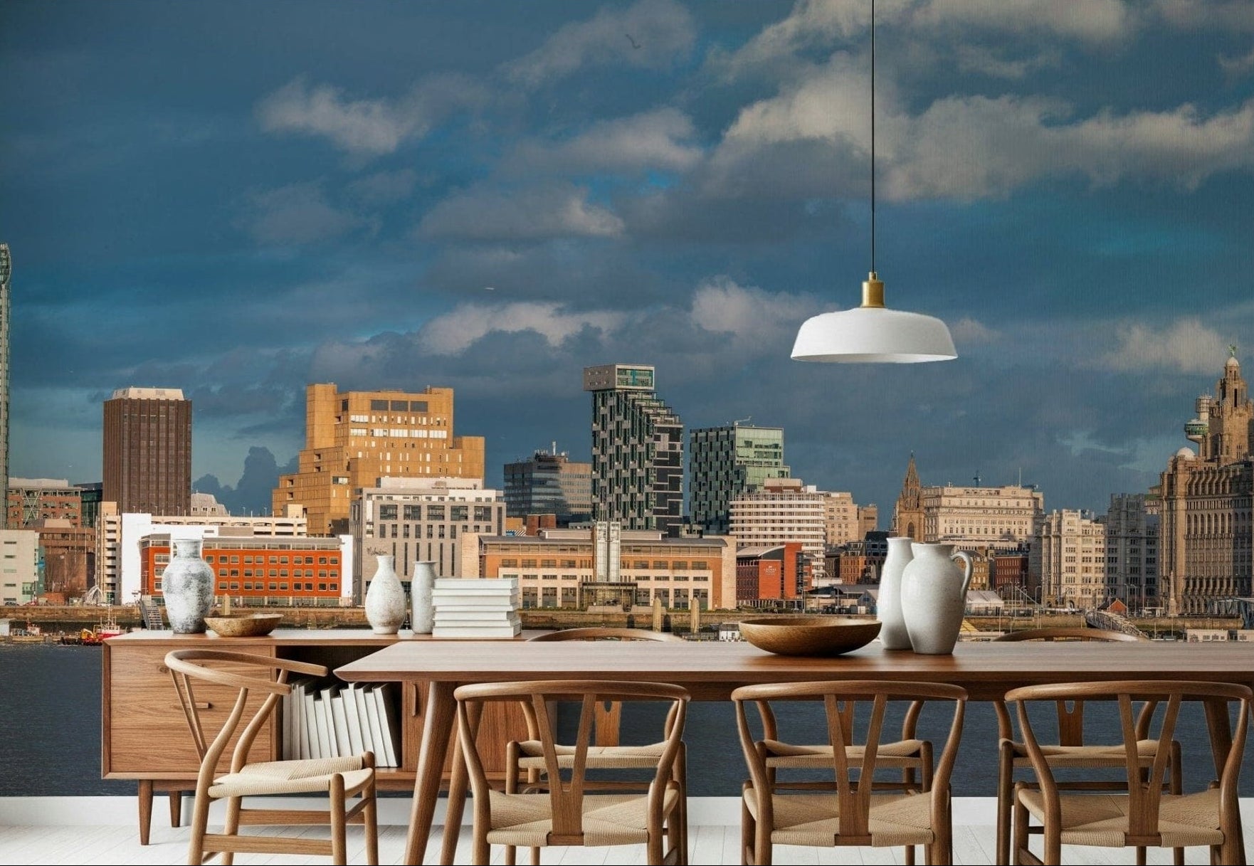 Large scale city wallpaper for an open plan apartment living space., GD3762