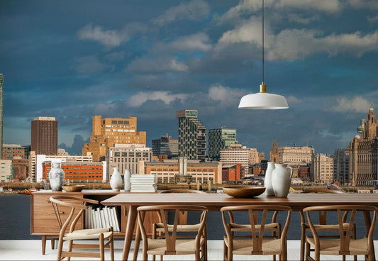 Large scale city wallpaper for an open plan apartment living space.