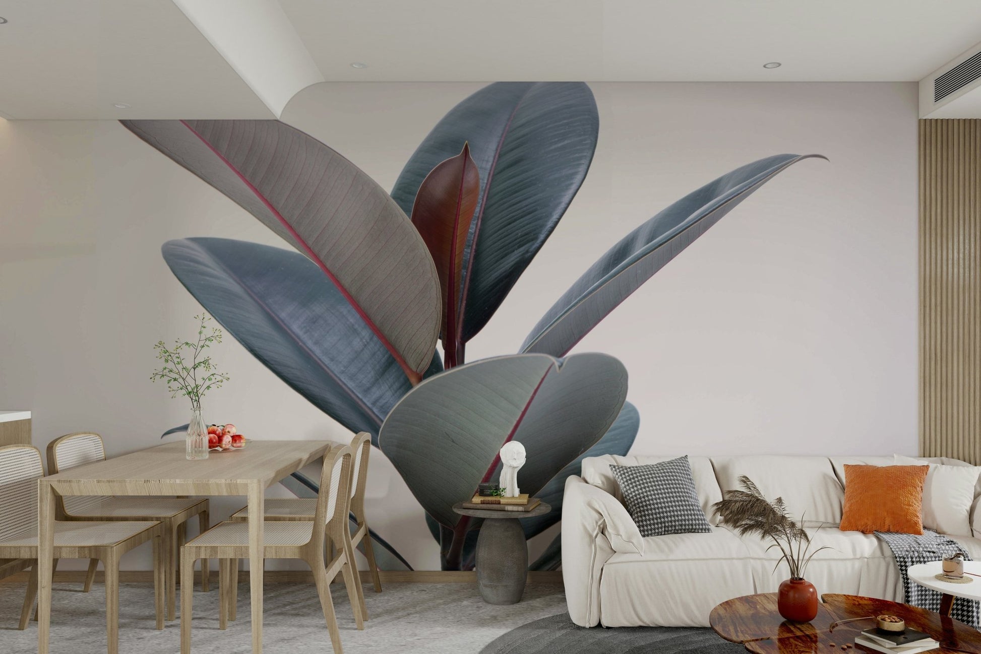 Fresh green mural evoking indoor living plant walls.

