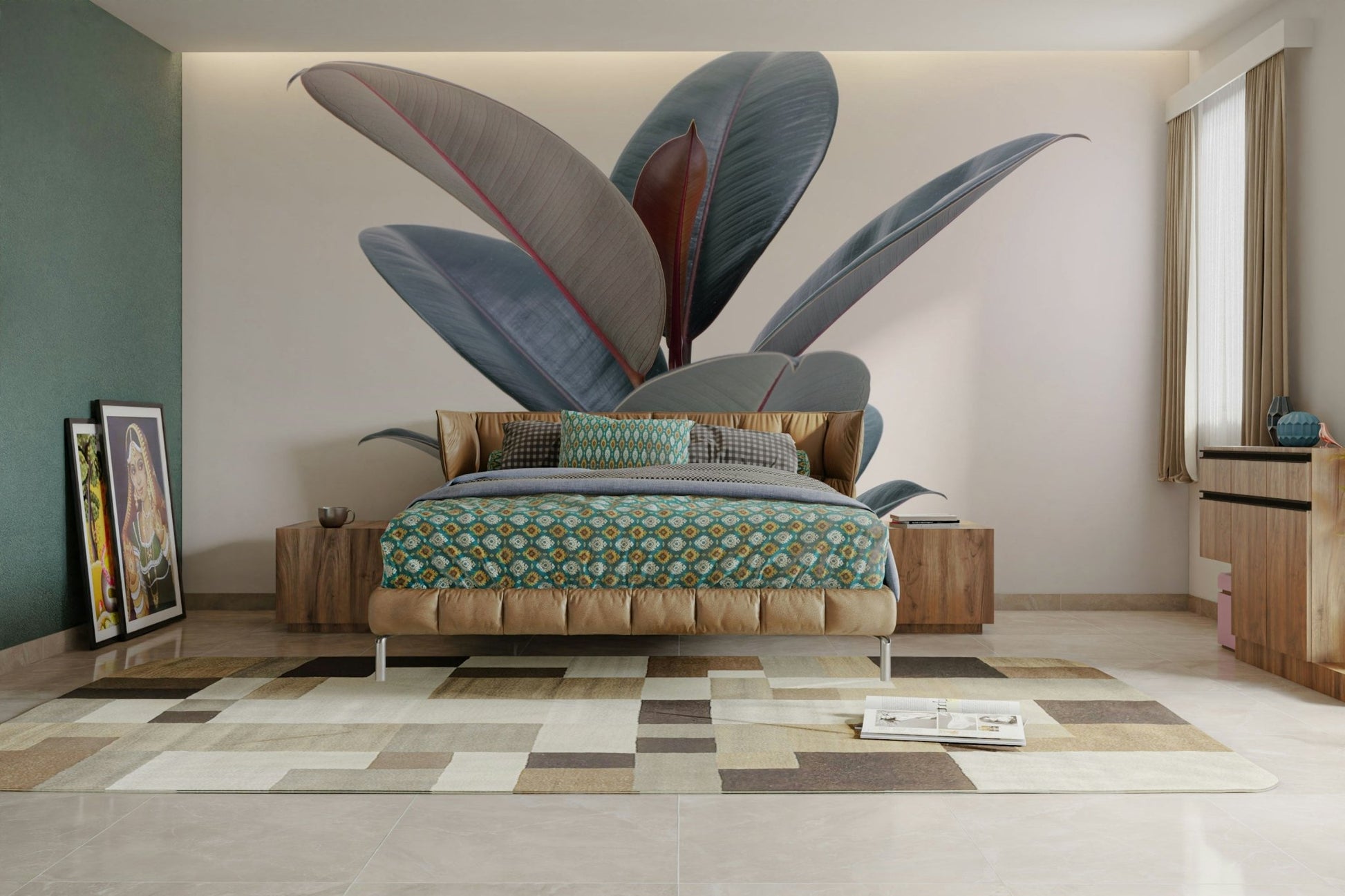 Lively plant wall mural with tropical and fern leaves.

