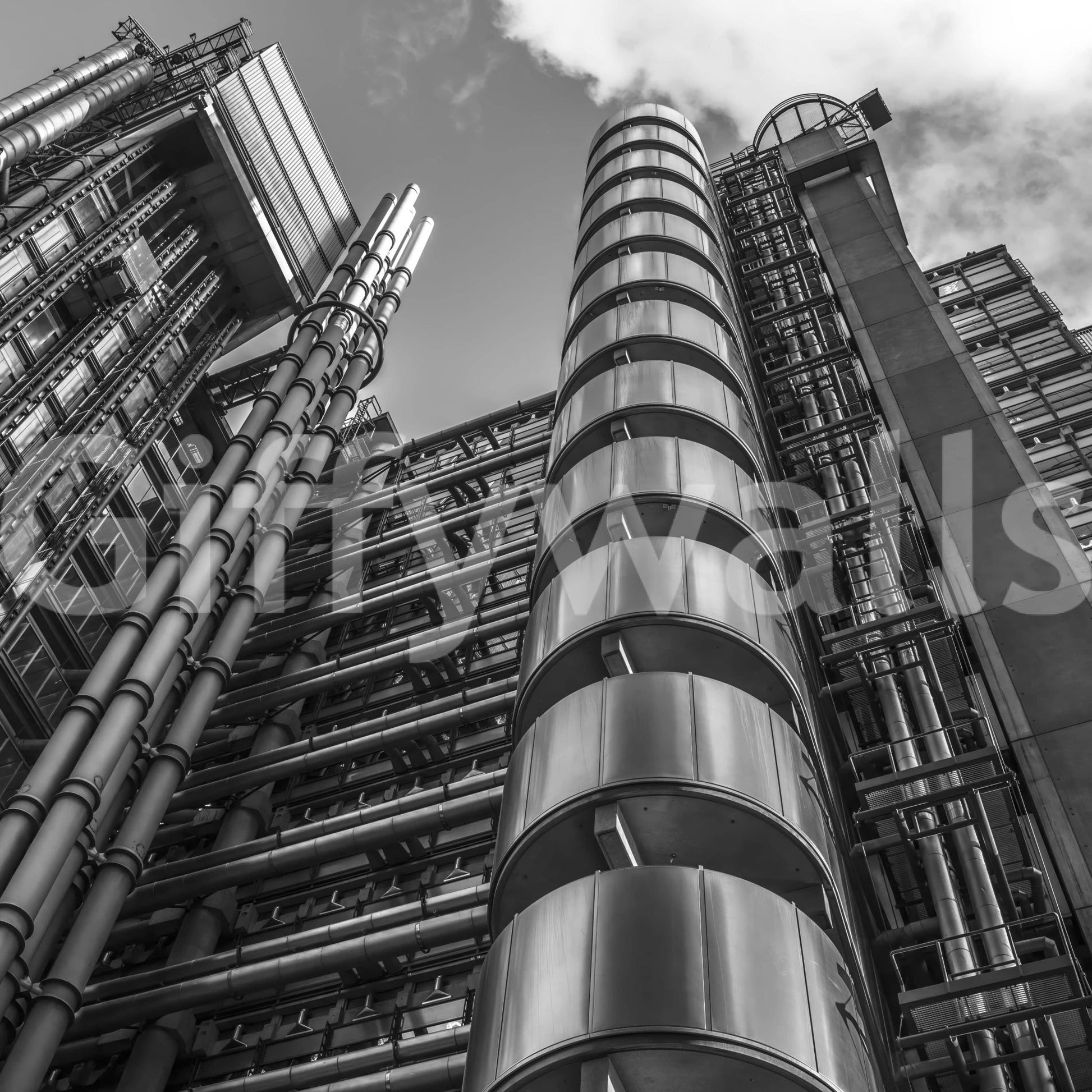 Industrial Lloyds building wall mural with bold pipework and glass towers, GD6874