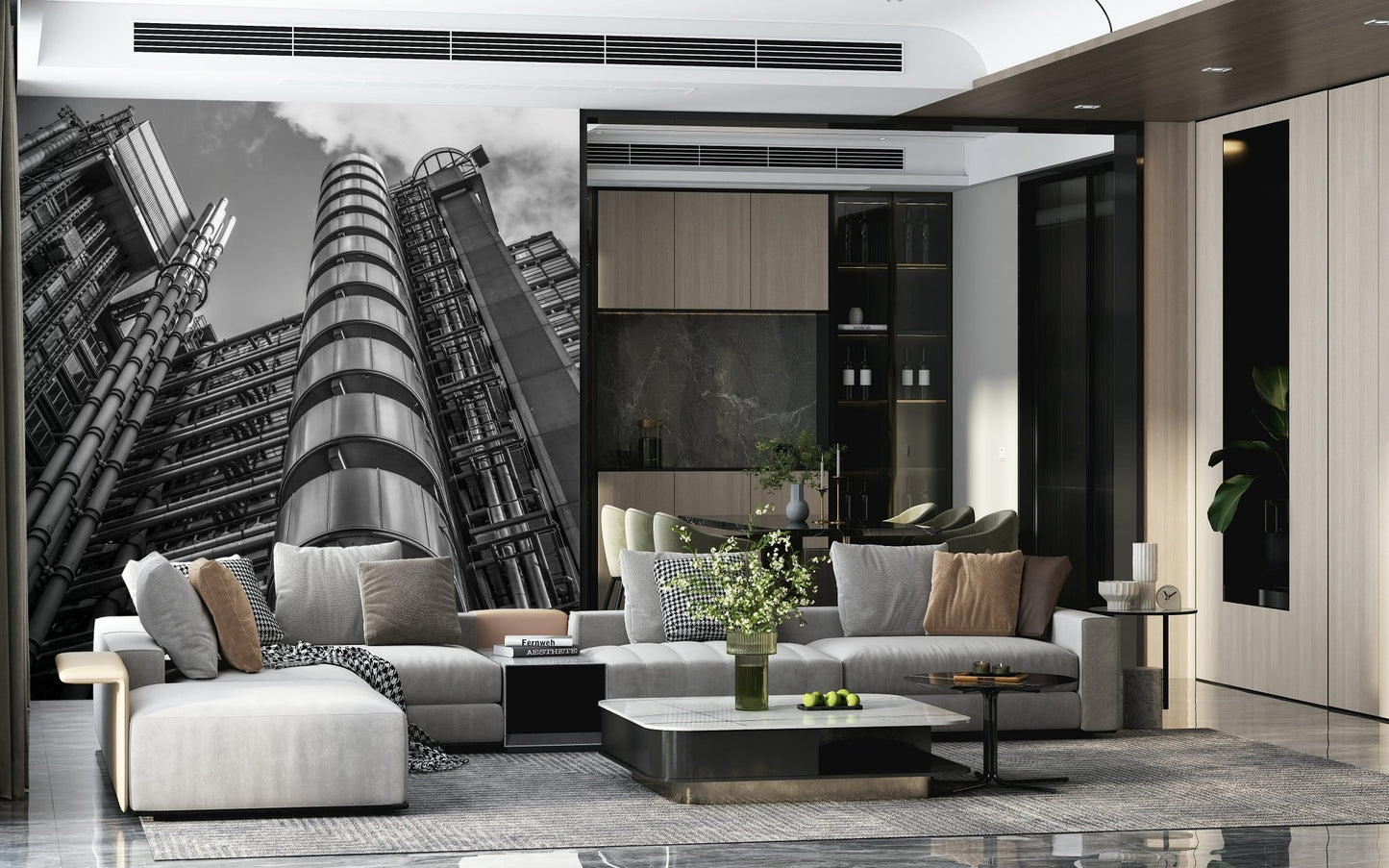 Dynamic Lloyds Building mural, towering cylinders and ventilation shafts., GD6874