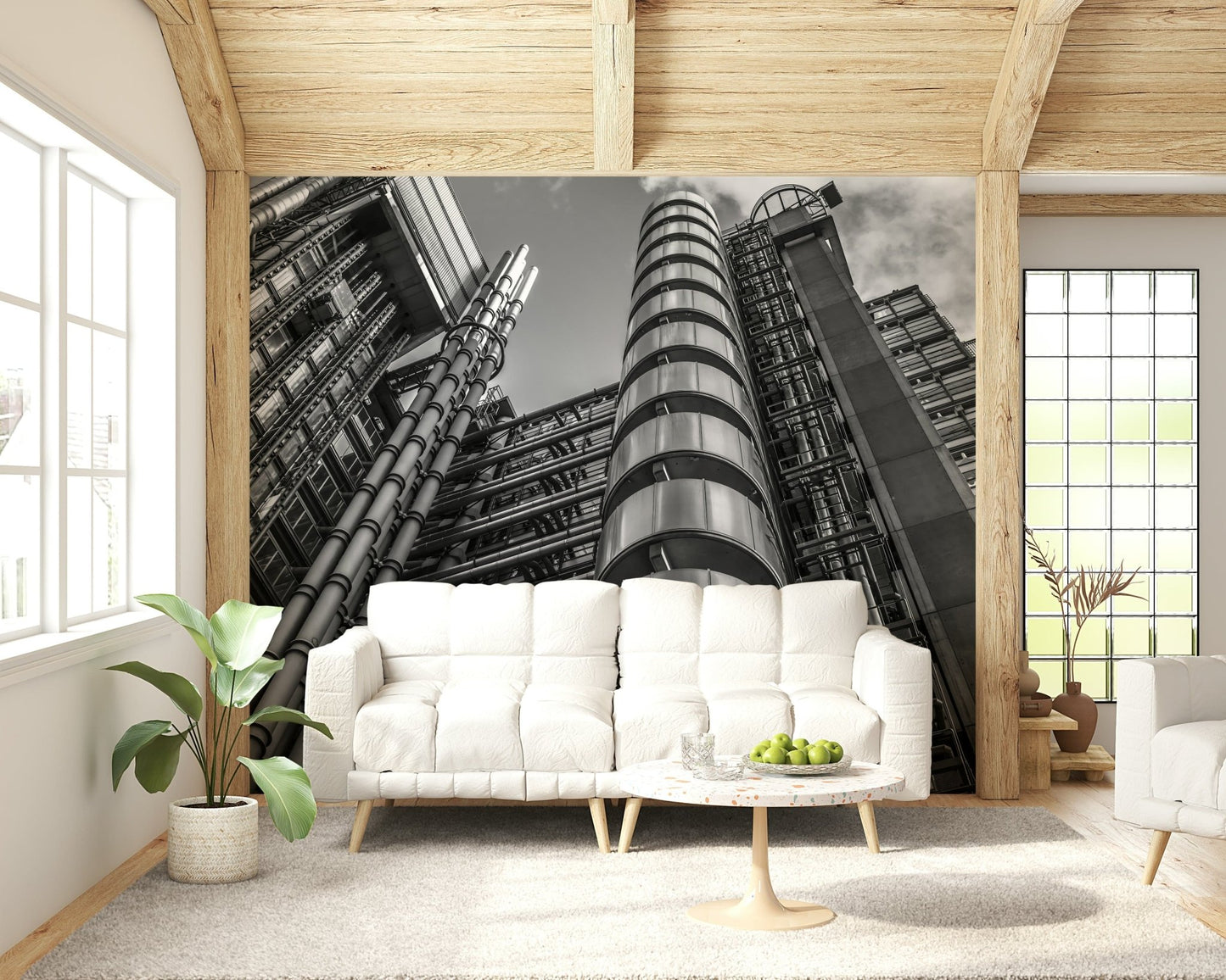 Lloyds building wall mural showing iconic steel pipes and high-tech facade, GD6874