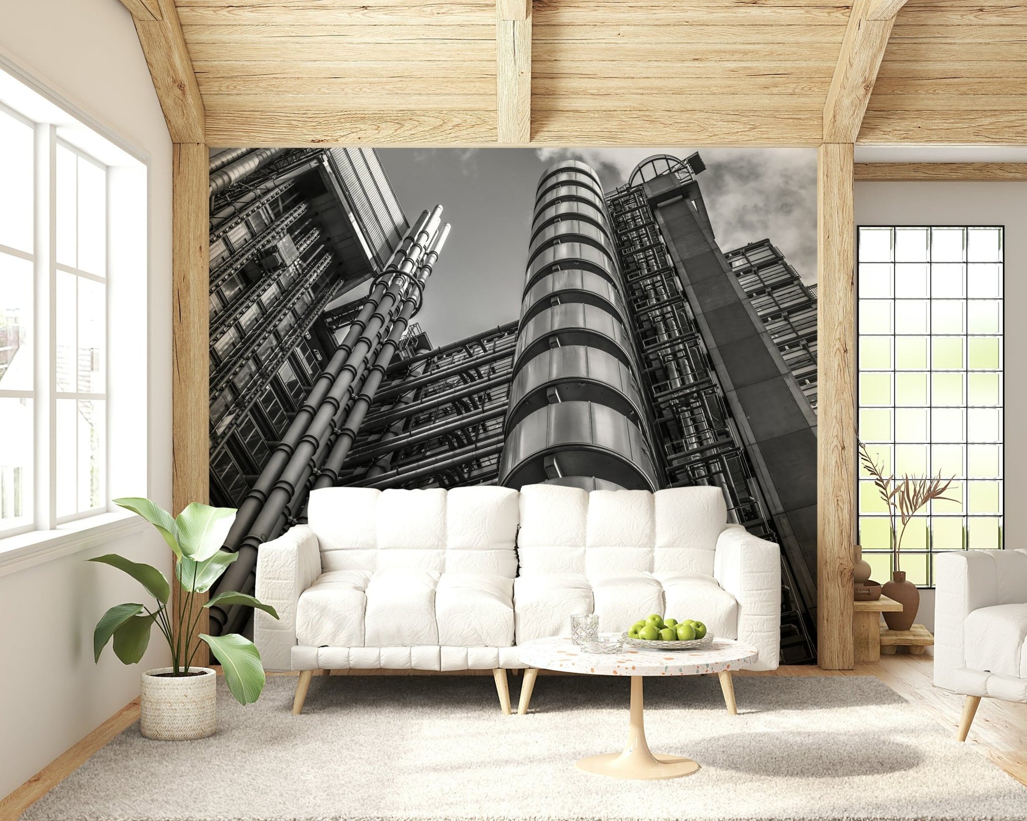 Lloyds building wall mural showing iconic steel pipes and high-tech facade, GD6874