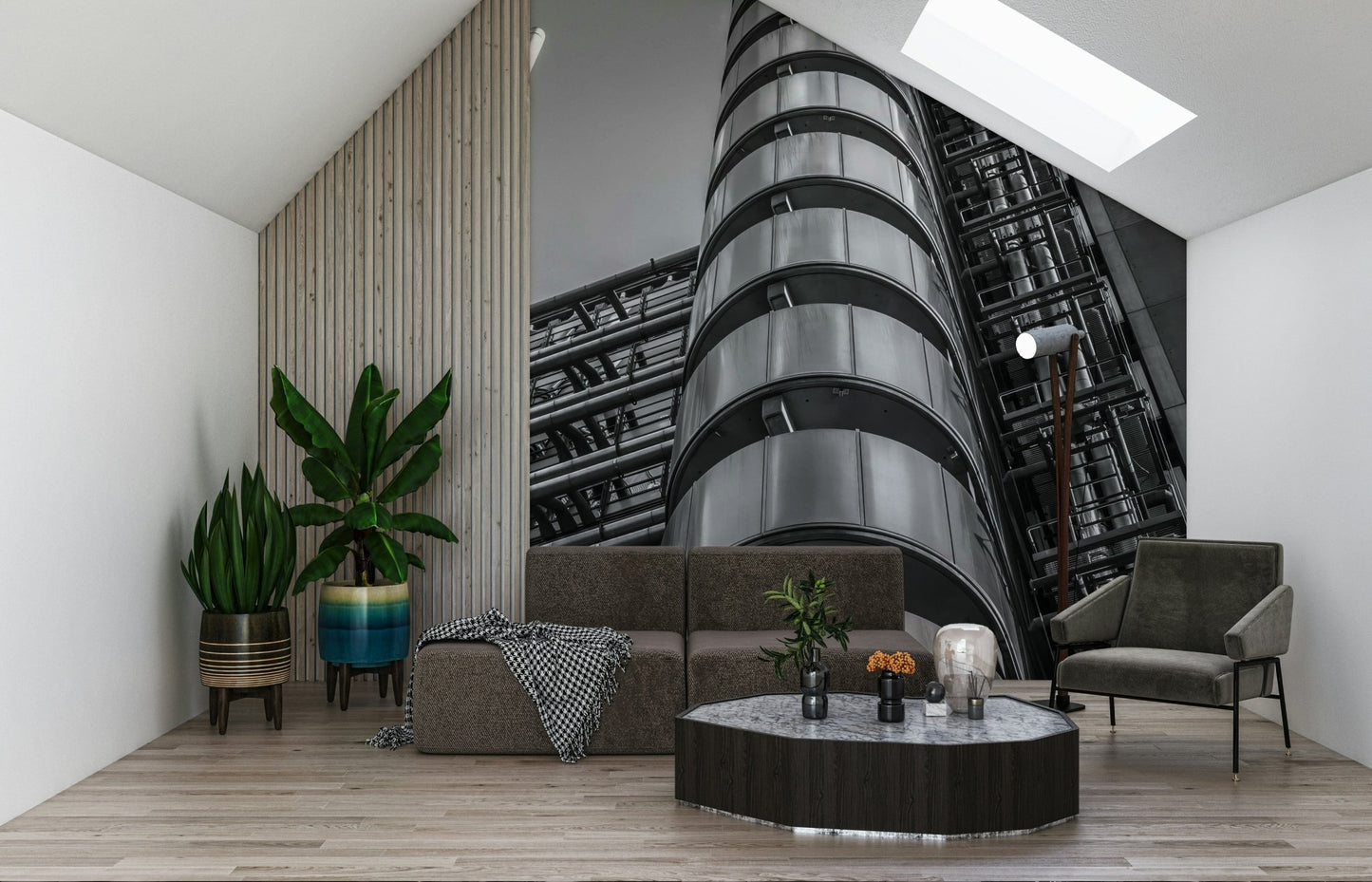 Steel-toned wall mural with Lloyds building columns, ducts, and lift shafts, GD6874