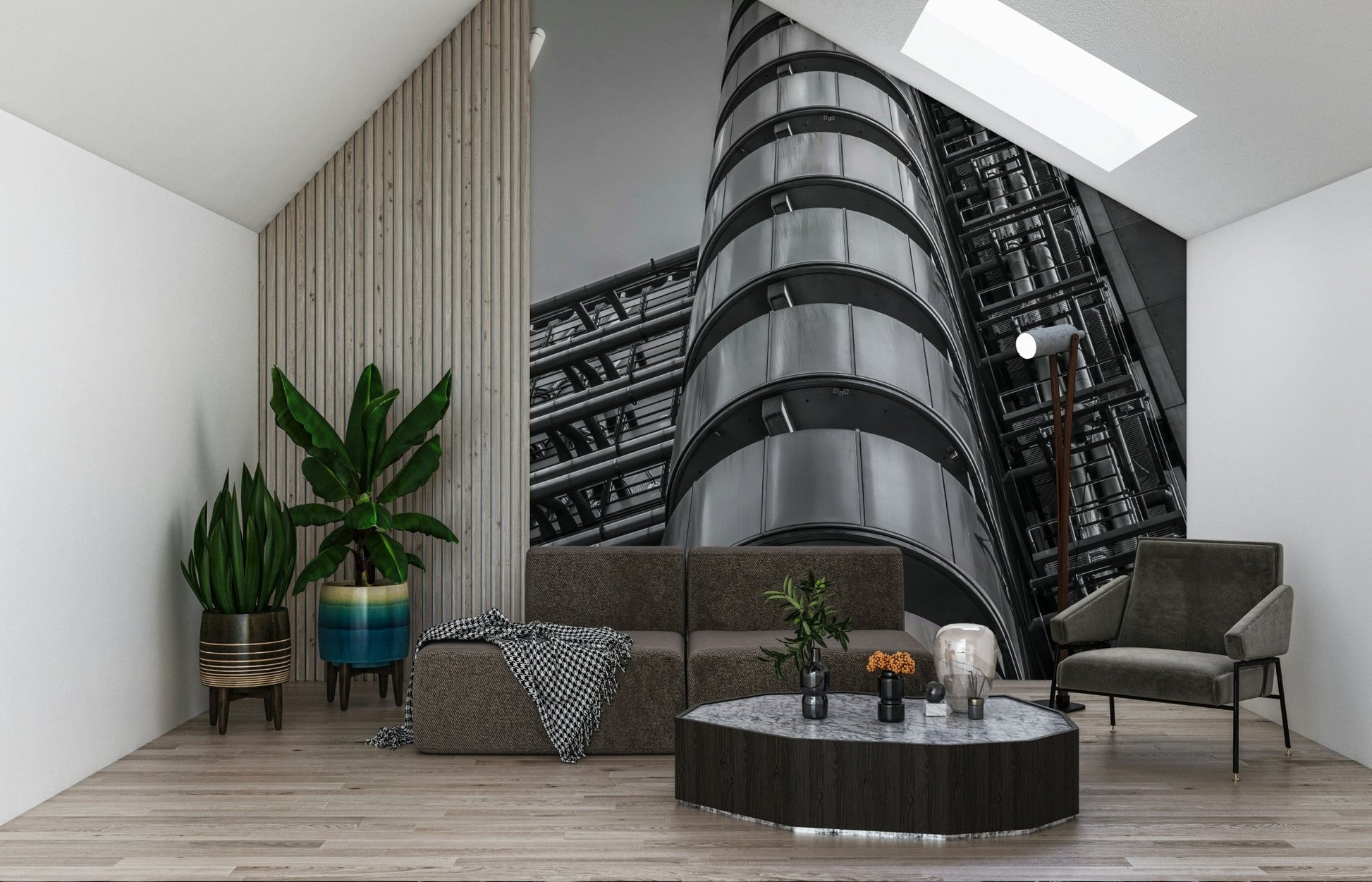 Steel-toned wall mural with Lloyds building columns, ducts, and lift shafts, GD6874