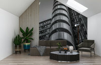 Steel-toned wall mural with Lloyds building columns, ducts, and lift shafts, GD6874