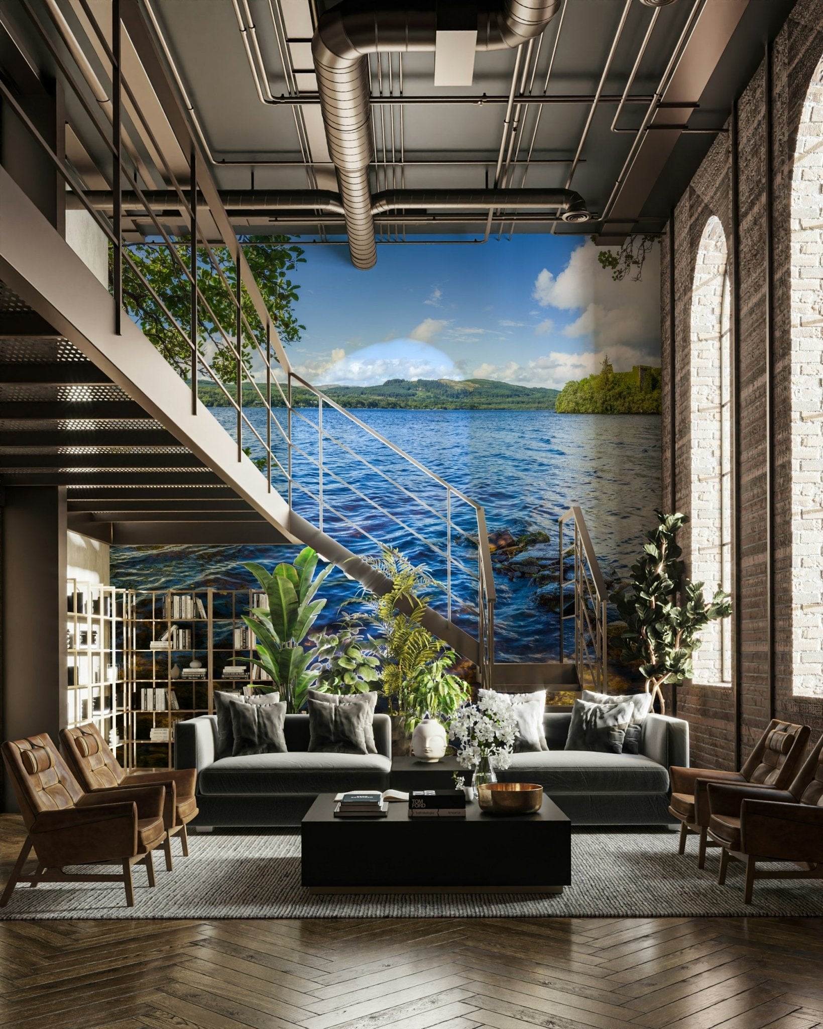 The image shows a peaceful lake surrounded by hills and mountains.

