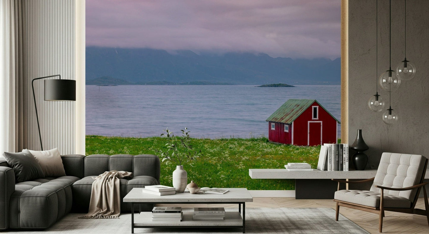 Secluded wooden house, Lofoten Coastal Escape peel and stick wallpaper.