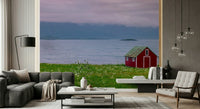 Secluded wooden house, Lofoten Coastal Escape peel and stick wallpaper.