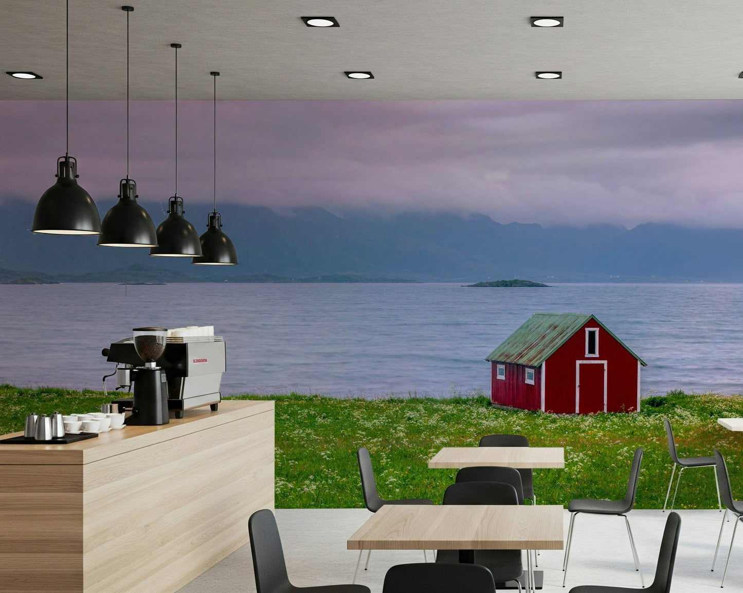 Vivid crimson shelter, Lofoten Coastal Escape self adhesive wall paper.