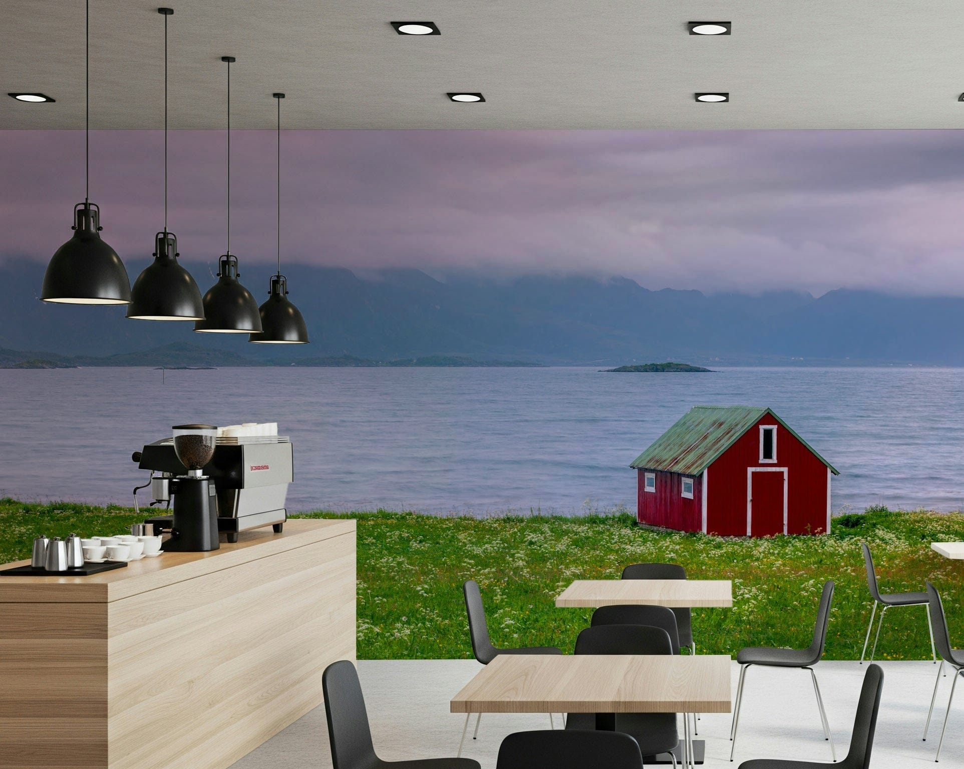 Vivid crimson shelter, Lofoten Coastal Escape self adhesive wall paper.
