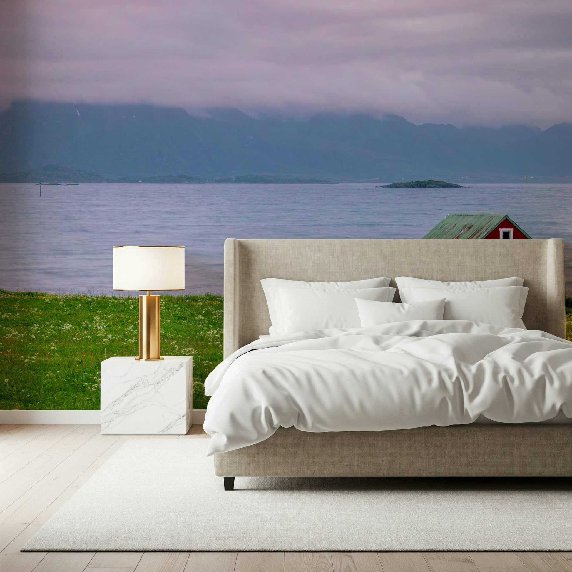 Lofoten Coastal Escape, red cabin wall mural, green grass field.