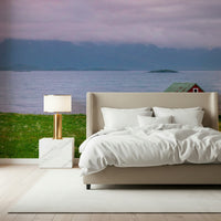 Lofoten Coastal Escape, red cabin wall mural, green grass field.