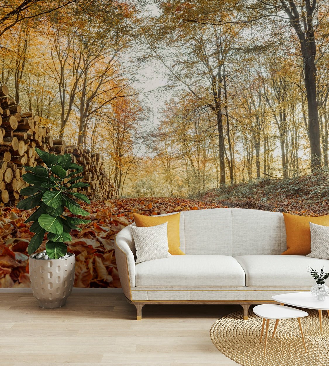 Wall mural with firewood and golden foliage

