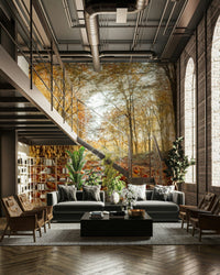 Warm fall tones in woodland mural with logs

