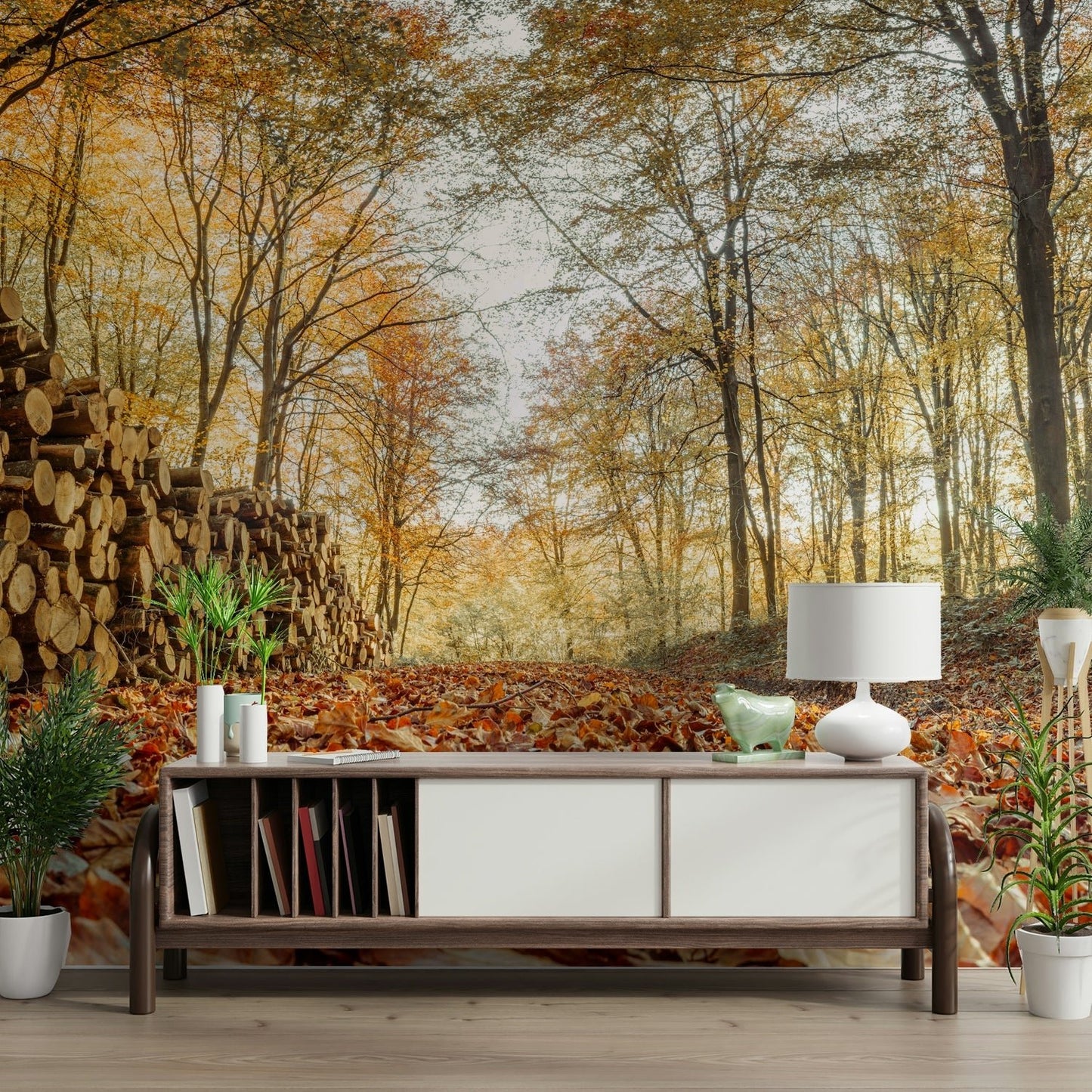Autumn trees with firewood mural for walls

